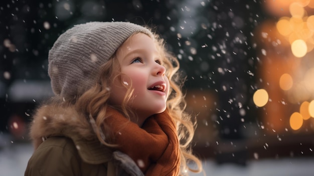 Menina alegra-se com a primeira neve pega flocos de neve com a boca Primeiro dia de inverno retrato de menina no fundo da neve caindo