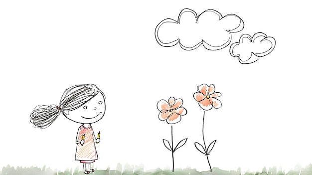 Foto menina alegre admirando flores em paisagem minimalista desenhada à mão