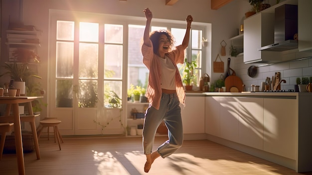 Menina alegre de energia jovem dançando na cozinha moderna