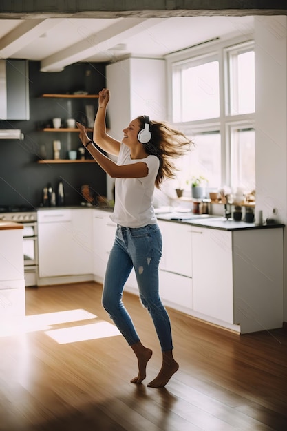 Menina alegre de energia jovem dançando na cozinha moderna