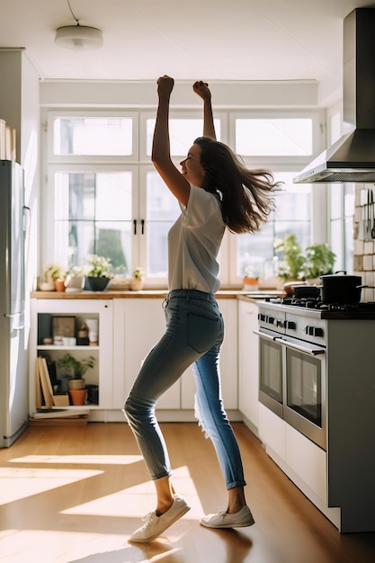 Menina alegre de energia jovem dançando na cozinha moderna