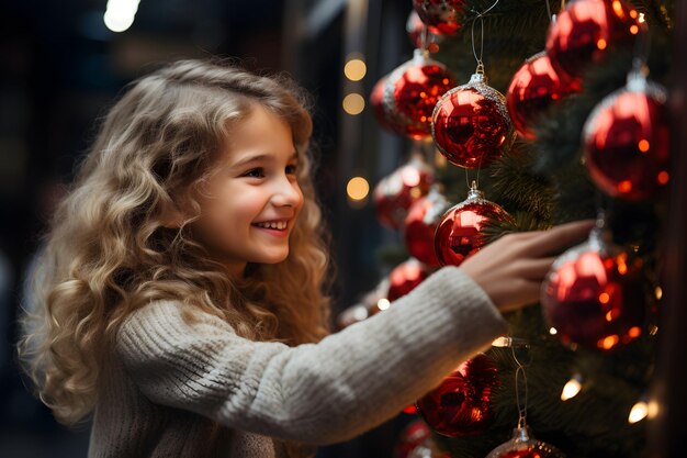 Menina alegre decorando a árvore de Natal Atmosfera de Natal no interior aconchegante de casa