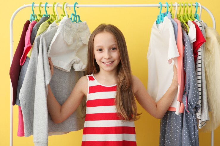 Foto menina alegre e bonita escolhe roupas com cabides no chão