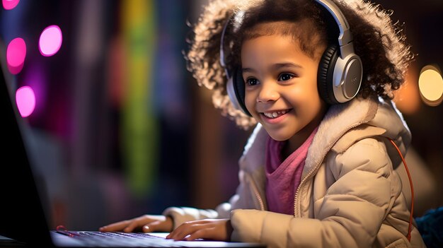 Menina alegre usando fones de ouvido imersa em uma aula virtual com seu professor