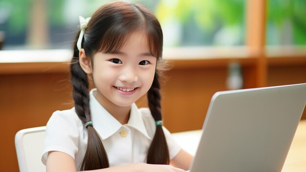 Menina alegre usando laptop para estudar