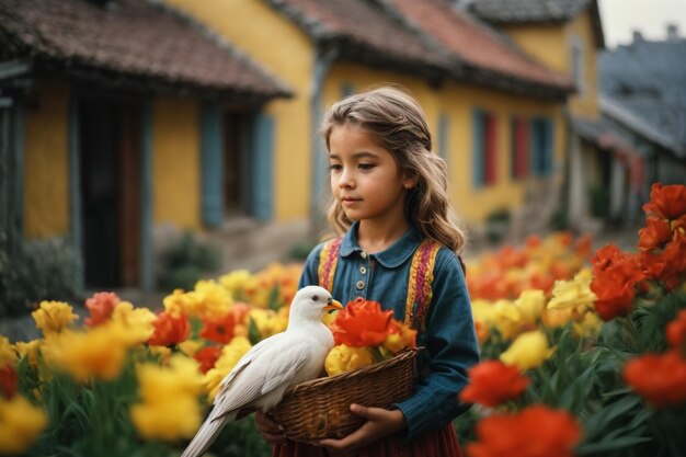 Menina alimentando pombos pássaro adolescente bela bondade pintura a óleo