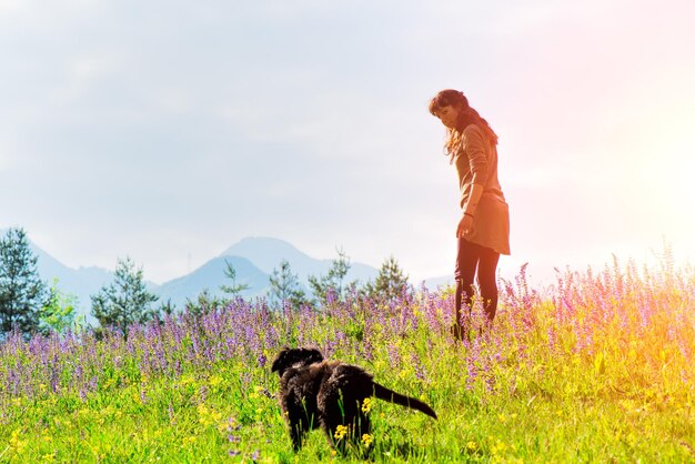 Menina andando com o cachorro nos prados