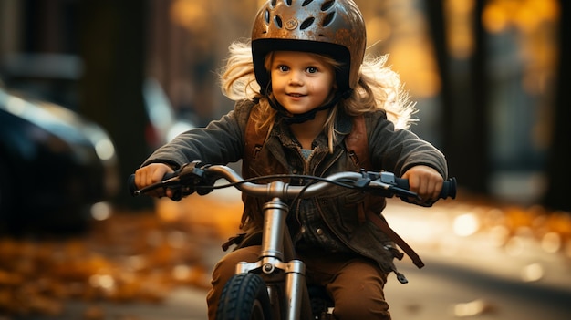 menina andando de bicicleta no parque ao pôr do sol