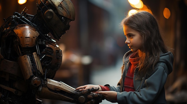 Foto menina apertando a mão de um robô generative ai