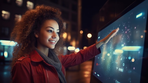 Foto menina apontando o dedo para o monitor em branco exibe hipster toque tecnologia multimídia em luz noite cidade copiar espaço para texto