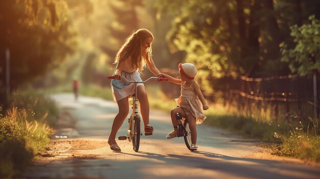 Menina aprendendo a andar de bicicleta com a ajuda de suas irmãs