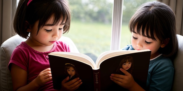 Menina aprendendo a ler de um livro