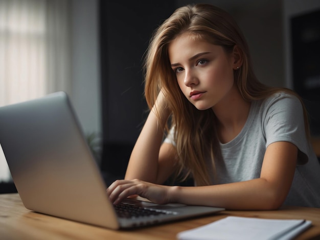 Menina aprendendo em laptop em casa AI Generative