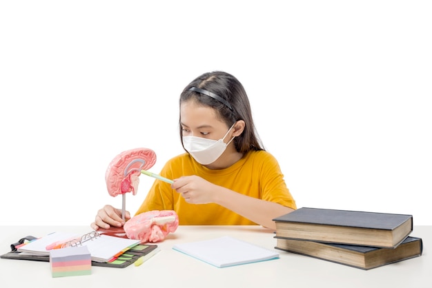 Menina asiática aprendendo em casa, isolada sobre fundo branco. educação online durante a quarentena