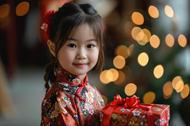 Menina asiática bonita segurando uma caixa de presente vermelha para a celebração do Ano Novo chinês.