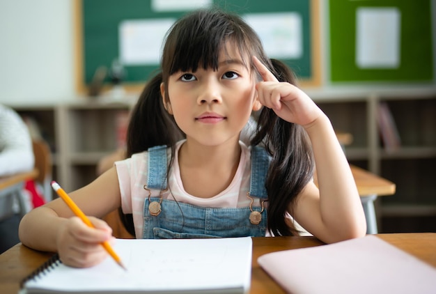 Foto menina asiática bonitinha sentada em uma sala de aula e pensando em algo na escola primária ideias do conceito de inspiração da escola de educação