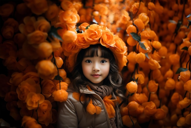 Menina asiática cercada por flores de laranja Imagem gerada por IA