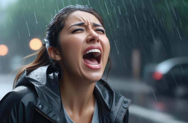 menina asiática chateada gritando chorando na rua sob a chuva choque e colapso emocional depressão