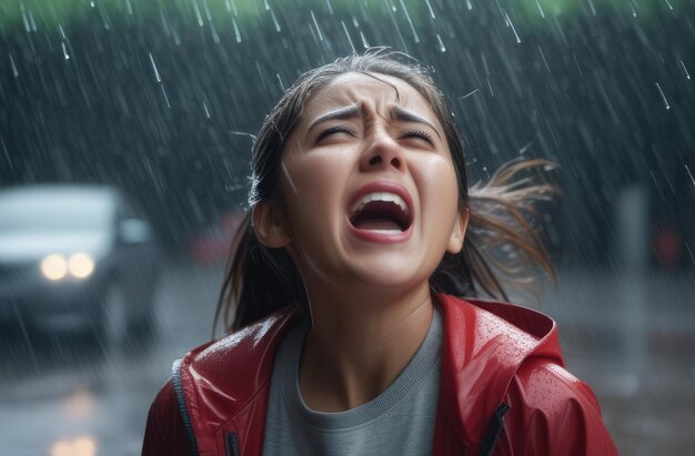 menina asiática chateada gritando chorando na rua sob a chuva choque e colapso emocional depressão