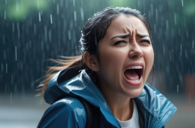 menina asiática chateada gritando chorando na rua sob a chuva choque e colapso emocional depressão