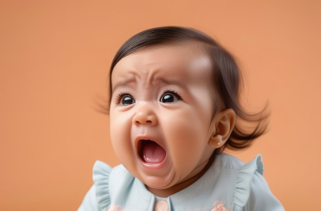 Menina asiática chorando em voz alta em fundo bege em close-up prestando cuidados com o bebê