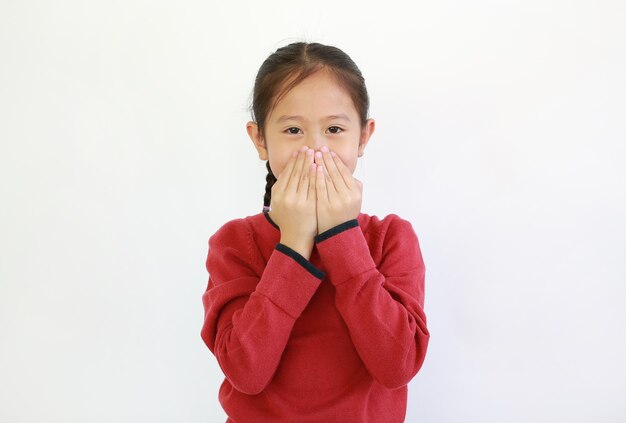 Menina asiática cobrindo a boca com as mãos no branco