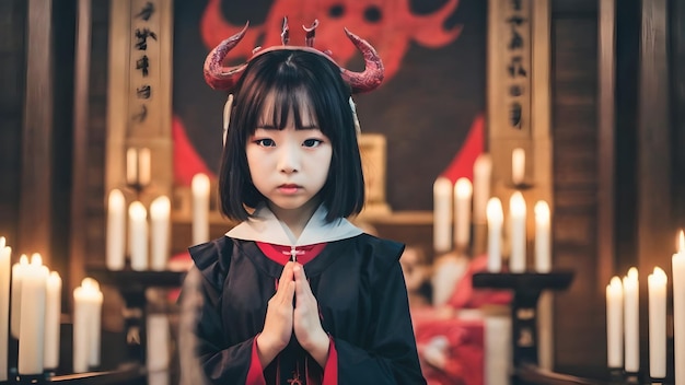 Foto menina asiática com antecedentes de rituais satânicos