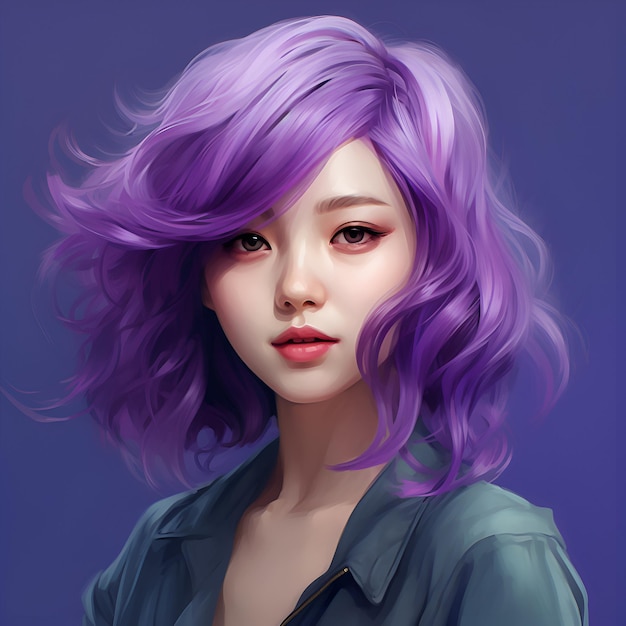 menina asiática com cabelo roxo retrato de uma jovem e bonita personagem feminina