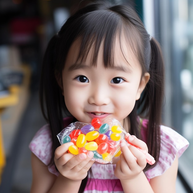 Menina asiática comendo jujubas coloridas