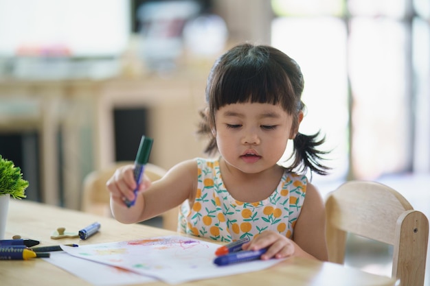 Menina asiática desenhando com giz de cera colorido feliz menina engraçada e mãe desenha rindo habilidades de desenvolvimento de treinamento conceito de arte infantil