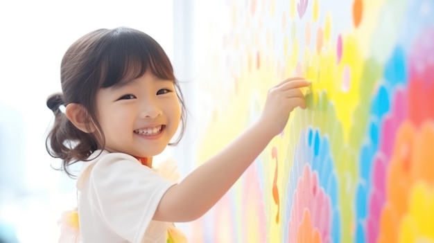 Menina asiática está pintando o arco-íris colorido e o céu na parede e parece feliz e engraçado conceito de educação artística e aprende através de atividades lúdicas para o desenvolvimento infantil