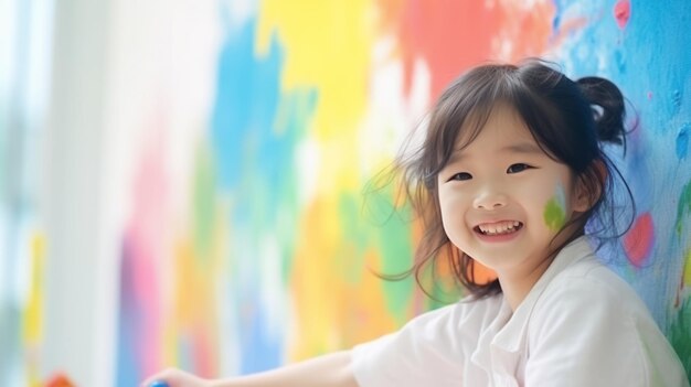 Menina asiática está pintando o arco-íris colorido e o céu na parede e parece feliz e engraçado conceito de educação artística e aprende através de atividades lúdicas para o desenvolvimento infantil