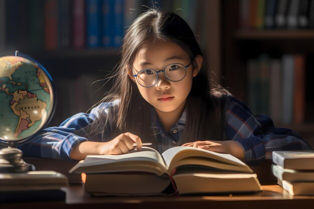 Menina asiática estudando atentamente seus olhos focados em um livro com determinação De volta à escola