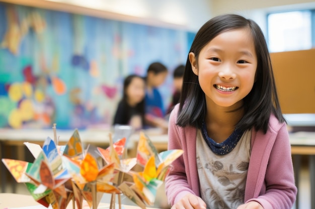 Menina asiática faz artesanato na foto do espaço livre da oficina Generative ai