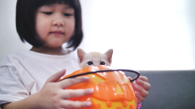 Menina asiática feliz brincando de esconde-esconde com gatinho dentro de balde de abóbora