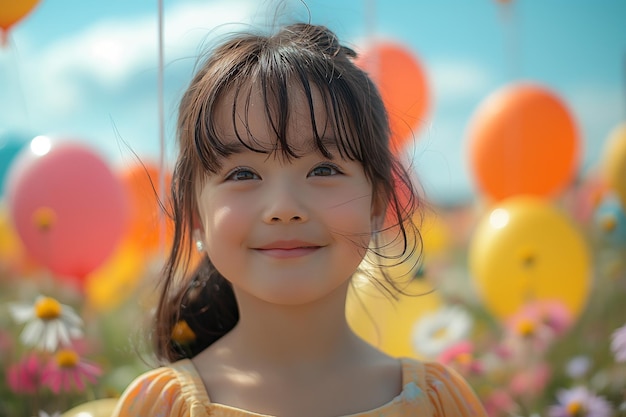 Menina asiática feliz jogando balões coloridos no fundo