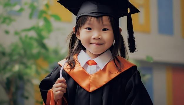 Menina asiática feliz vestindo traje de formatura do jardim de infância Generative ai art