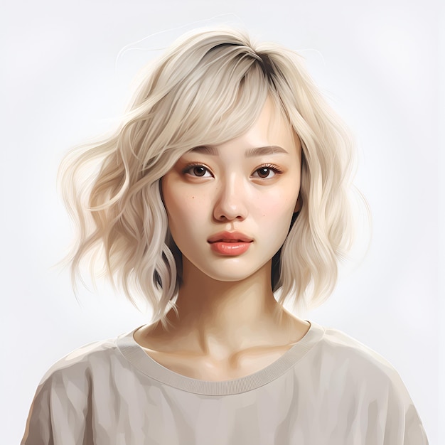 menina asiática loira personagem feminina com maquiagem natural em um retrato closeup de fundo branco