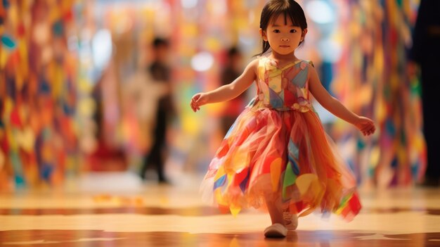 menina asiática na passarela usando o vestido feito de garrafas plásticas recicladas