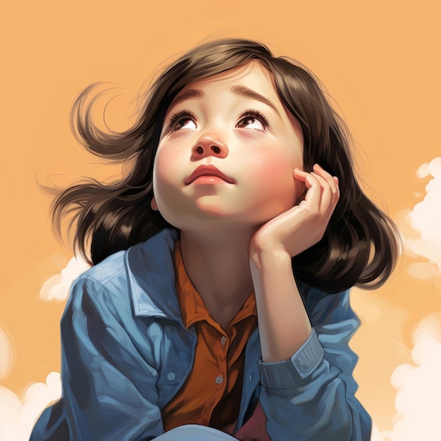 Menina asiática pensando e duvidando da ilustração dos desenhos animados Personagem de criança bonita com rosto sonhador em fundo abstrato Ai gerou cartaz colorido desenhado brilhante