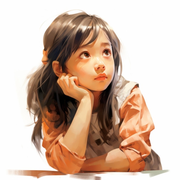 Menina asiática pensando e duvidando da ilustração pintada a óleo Personagem de mulher jovem com rosto sonhador em fundo abstrato Ai gerou cartaz de acrílico colorido desenhado brilhante