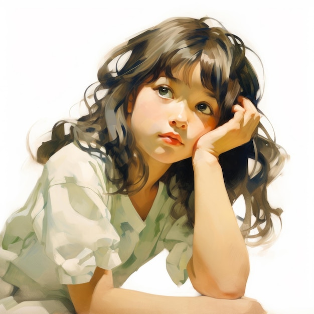 Menina asiática pensando e duvidando da ilustração pintada a óleo Personagem de mulher jovem com rosto sonhador em fundo abstrato Ai gerou cartaz de acrílico colorido desenhado brilhante