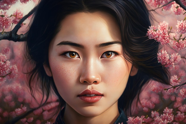 Menina asiática perto do retrato de uma jovem bonita sakura e IA generativa de flores de cerejeira