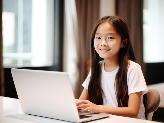 Menina asiática sorridente estudando na frente de um laptop conceito de escola on-line estudar em casa