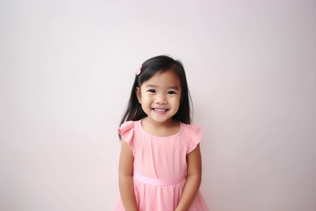 Menina asiática sorrindo usa roupa rosa em um fundo branco