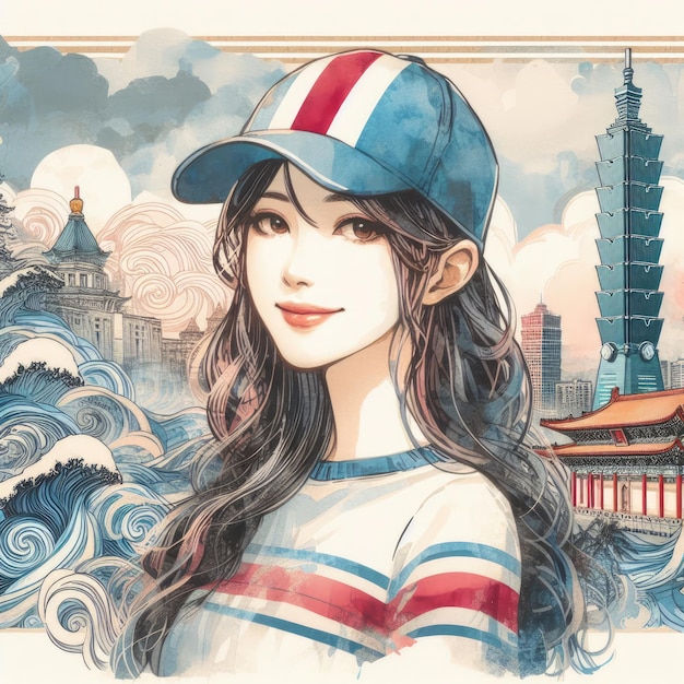 Menina asiática viaja em Taiwan com IA gerativa
