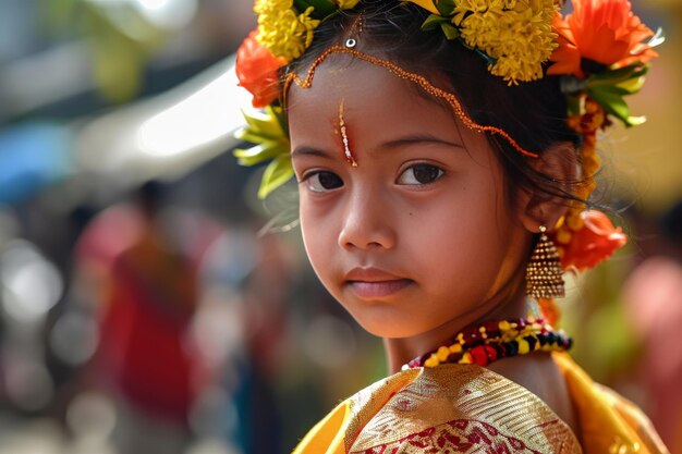 Menina assamesa celebra o Saraswati Puja em vestido tradicional