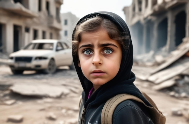 Menina assustada contra o pano de fundo de uma cidade destruída Crianças da guerra parem de guerra parem de violência