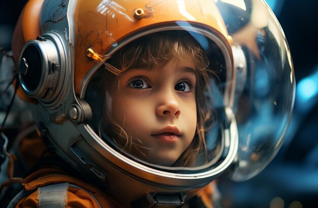 Foto menina astronauta no espaço.