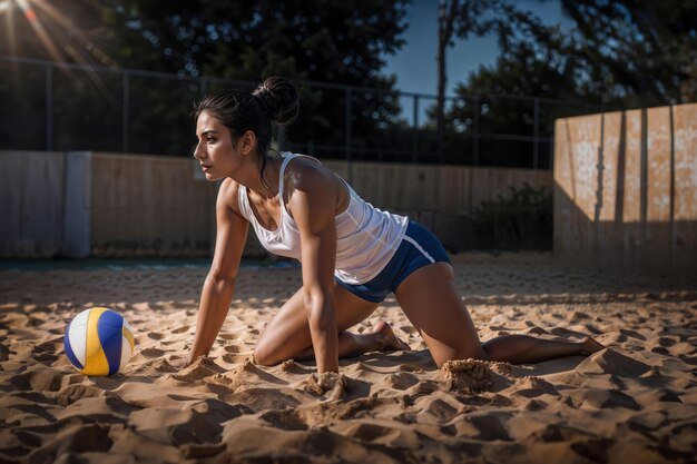 Foto menina atlética jogando vôlei na areia sob o sol brilhante